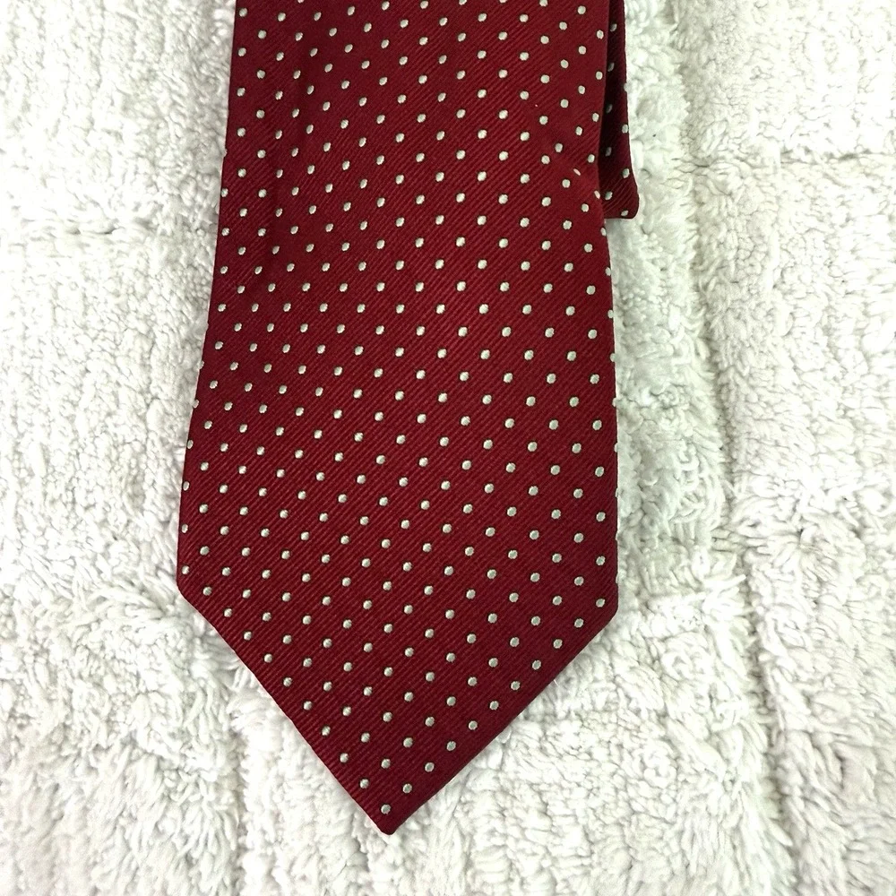Lands' End 100% Silk Long Tie Necktie Burgundy Polka Dot Pattern 60.5